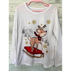 Wonder NationT-Shirt Girls Small White Holiday Reindeer Christmas Long Sleeve